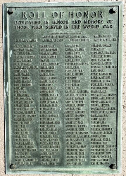 MELVIN MEMORIAL PARK ROLL OF HONOR WORLD WAR MEMORIAL PLAQUE
