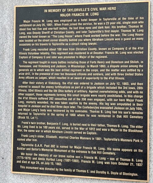 MAJOR FRANCIS M. LONG CIVIL WAR HERO MEMORIAL PLAQUE