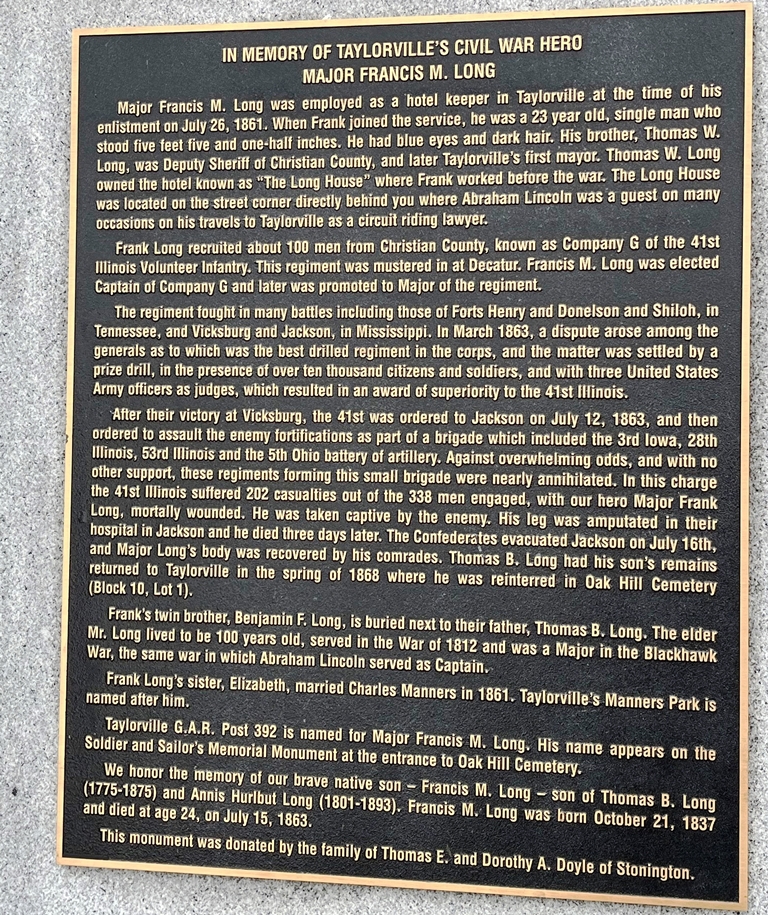 MAJOR FRANCIS M. LONG CIVIL WAR HERO MEMORIAL PLAQUE