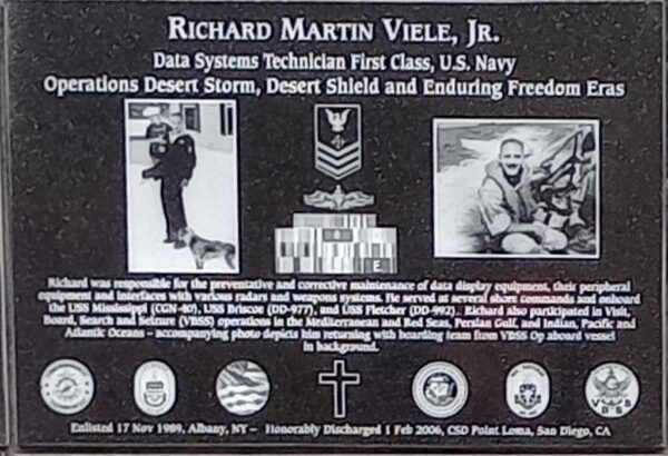 RICHARD MARTIN VIELE, JR. WAR MEMORIAL PLAQUE