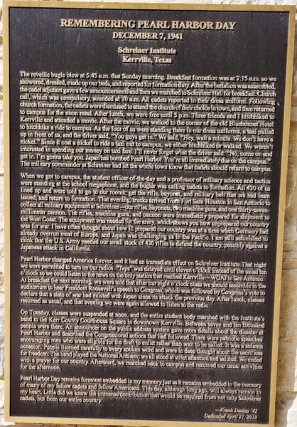 KERRVILLE REMEMBERING PEARL HARBOR DAY MEMORIAL PLAQUE