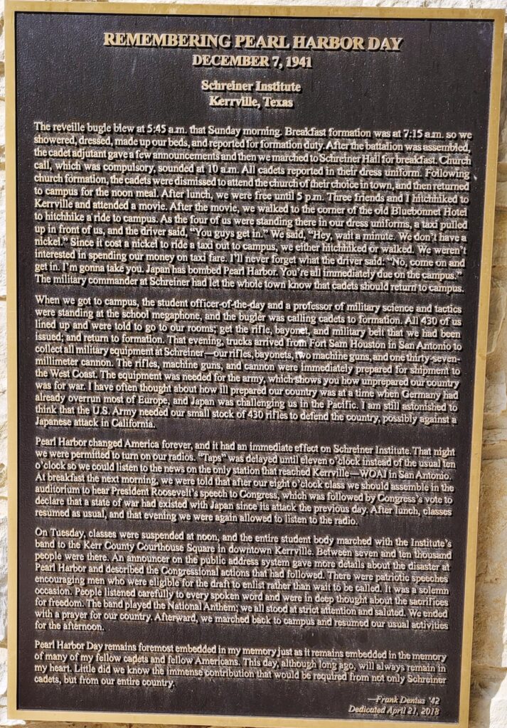 KERRVILLE REMEMBERING PEARL HARBOR DAY MEMORIAL PLAQUE