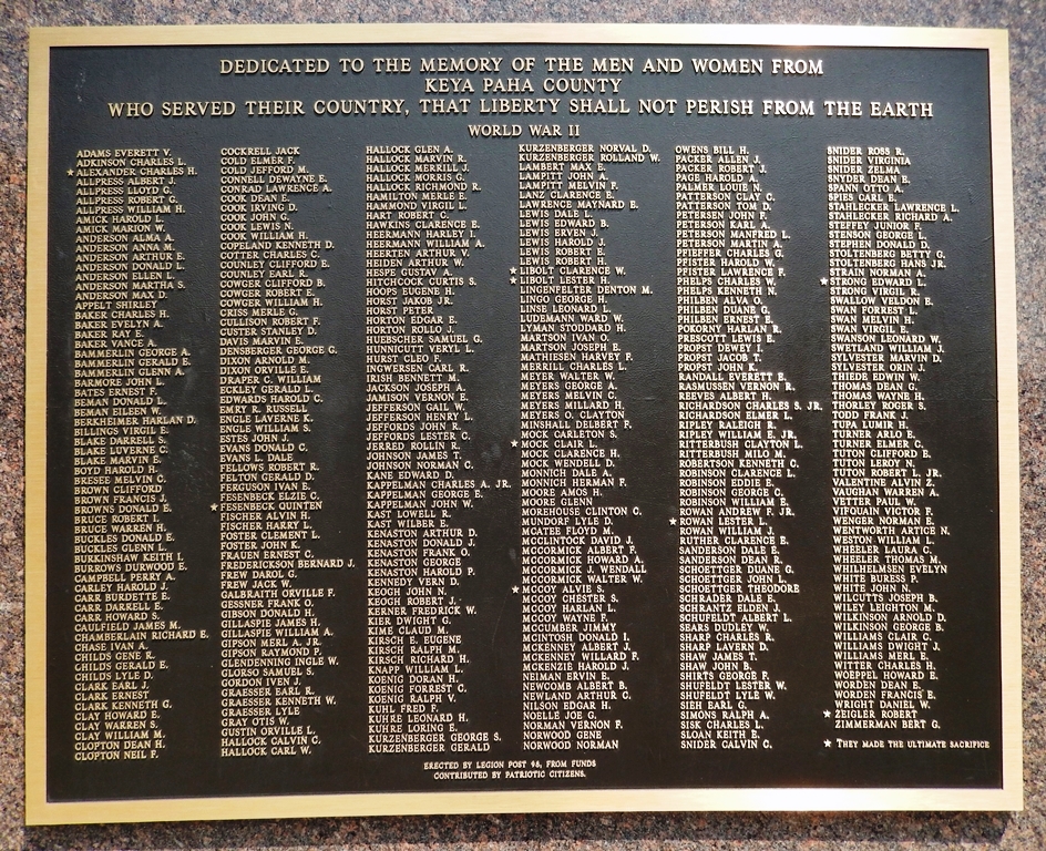 KEYA PAHA COUNTY WAR VETERANS MEMORIAL PLAQUE A
