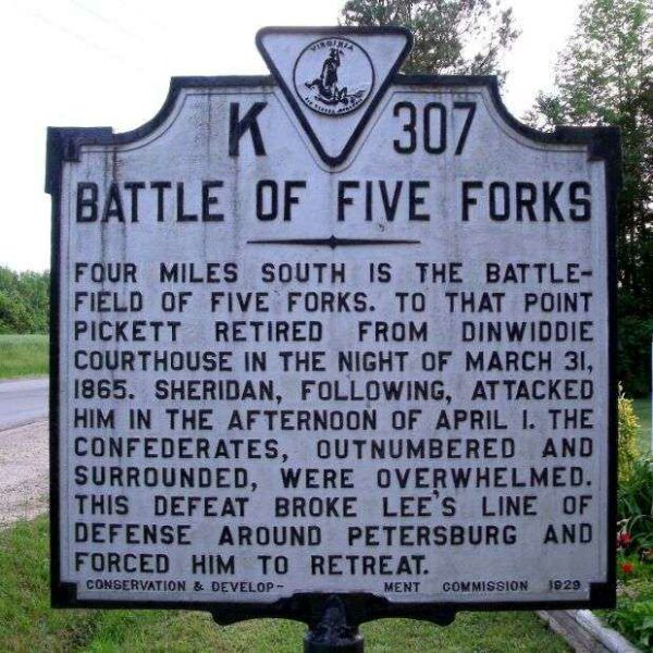 BATTLE OF FIVE FORKS WAR MEMORIAL MARKER
