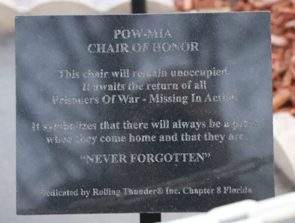 PORT ORANGE POW-MIA CHAIR OF HONOR WAR MEMORIAL PLAQUE