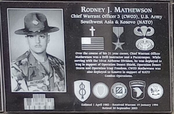 RODNEY J. MATHEWSON WAR MEMORIAL PLAQUE
