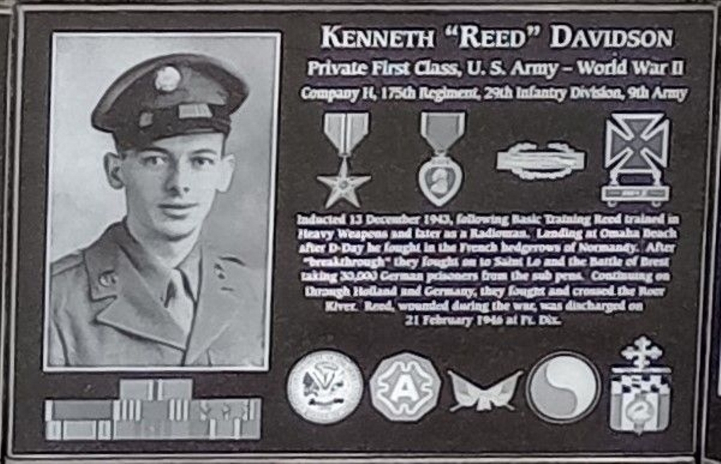 KENNETH “REED” DAVIDSON WAR MEMORIAL PLAQUE