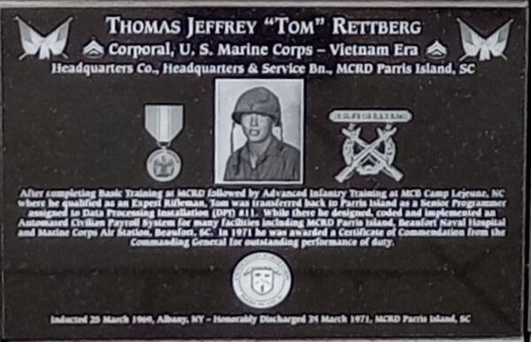 THOMAS JEFFREY TOM RETTBERG WAR MEMORIAL PLAQUE