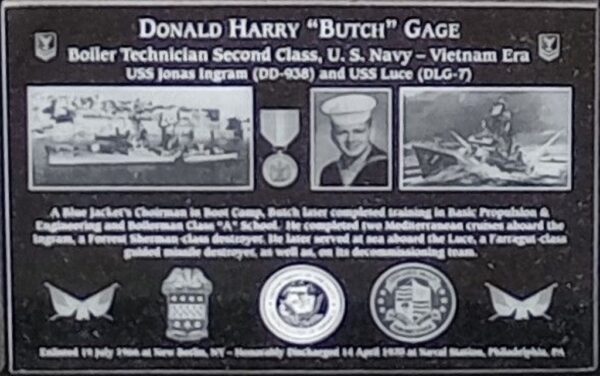 DONALD HARRY “BUTCH” GAGE WAR MEMORIAL PLAQUE