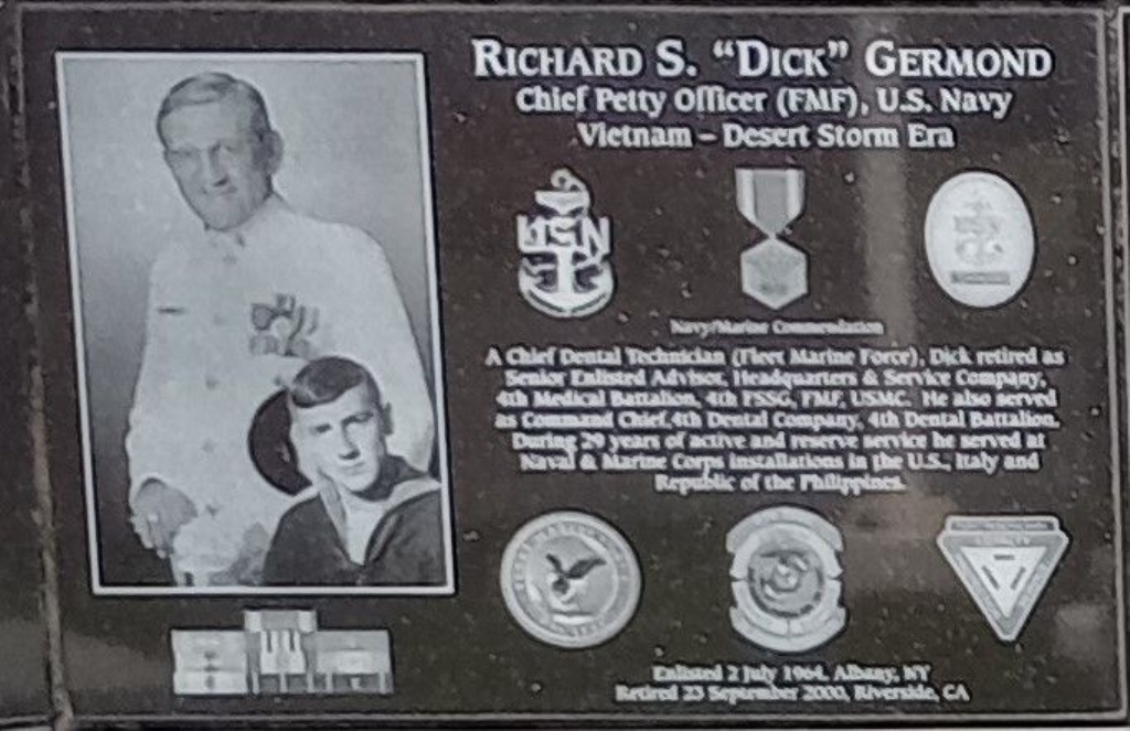 RICHARD S. “DICK” GERMOND WAR MEMORIAL PLAQUE