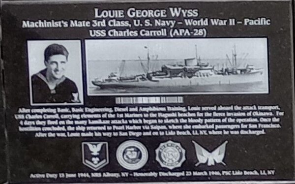 LOUIE GEORGE WYSS WAR MEMORIAL PLAQUE