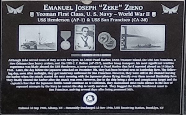 EMANUEL JOSEPH “ZEKE” ZIENO WAR MEMORIAL PLAQUE