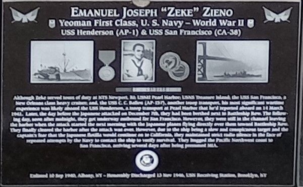 EMANUEL JOSEPH “ZEKE” ZIENO WAR MEMORIAL PLAQUE