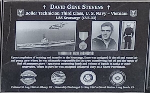 DAVID GENE STEVENE WAR MEMORIAL PLAQUE