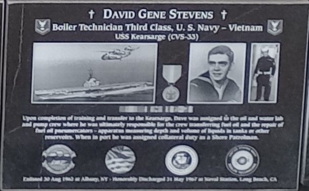 DAVID GENE STEVENE WAR MEMORIAL PLAQUE