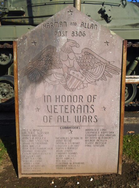 HARMAN AND ALLAN POST 8306 ALL WARS VETERANS MEMORIAL TANK STONE