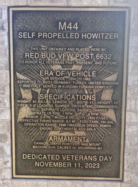 VFW POST 6632 M44 SELF PROPELLED HOWITZER MEMORIAL PLAQUE