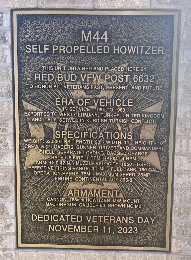 VFW POST 6632 M44 SELF PROPELLED HOWITZER MEMORIAL PLAQUE