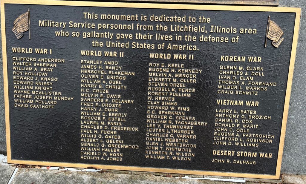 LITCHFIELD, ILLINOIS AREA WAR VETERANS MEMORIAL PLAQUE B
