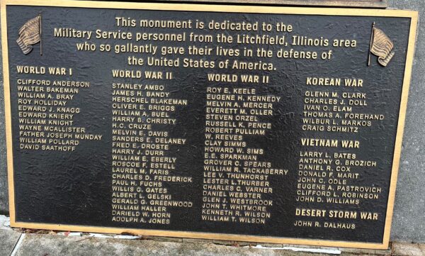 LITCHFIELD, ILLINOIS AREA WAR VETERANS MEMORIAL PLAQUE B