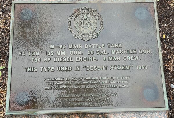 EAST SIDE VETERANS MEMORIAL TANK PLAQUE