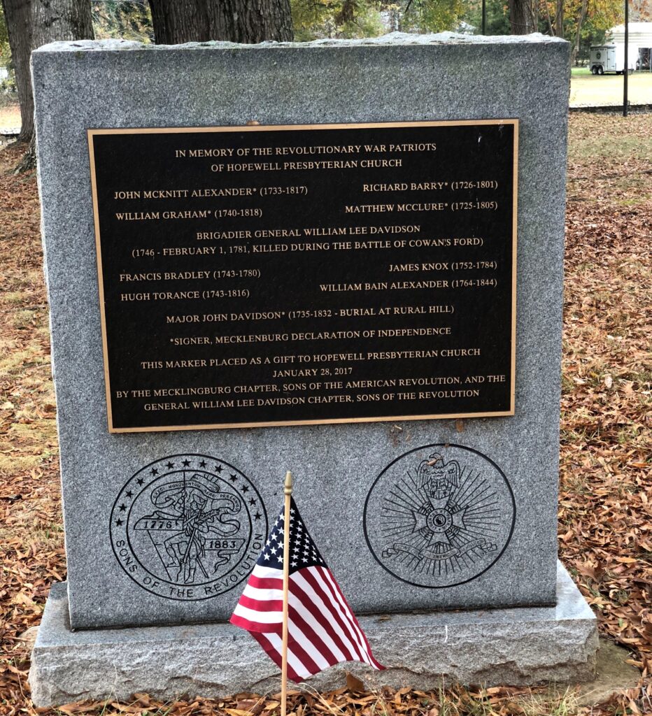 IN MEMORY OF THE REVOLUTIONARY WAR PATRIOTS OF HOPEWELL PRESBYTERIAN CHURCH MEMORIAL