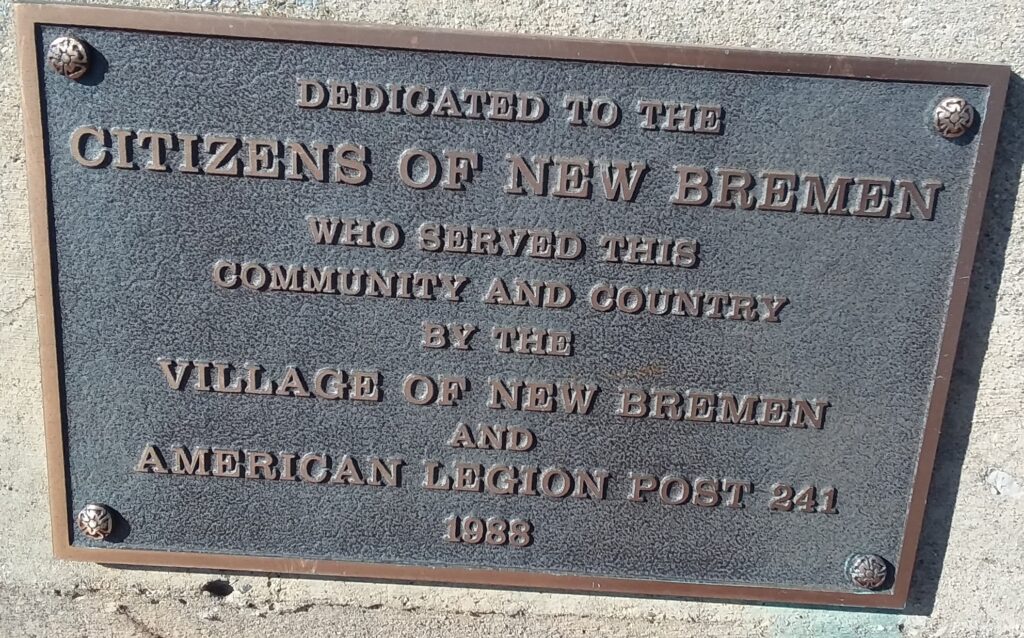 VILLAGE OF NEW BREMEN VETERANS MEMORIAL FLAGPOLE PLAQUE