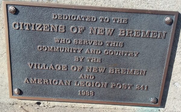 VILLAGE OF NEW BREMEN VETERANS MEMORIAL FLAGPOLE PLAQUE