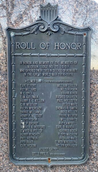 MADISON LODGE NO. 20, I.O.O.F. GREAT WORLD WAR MEMORIAL PLAQUE