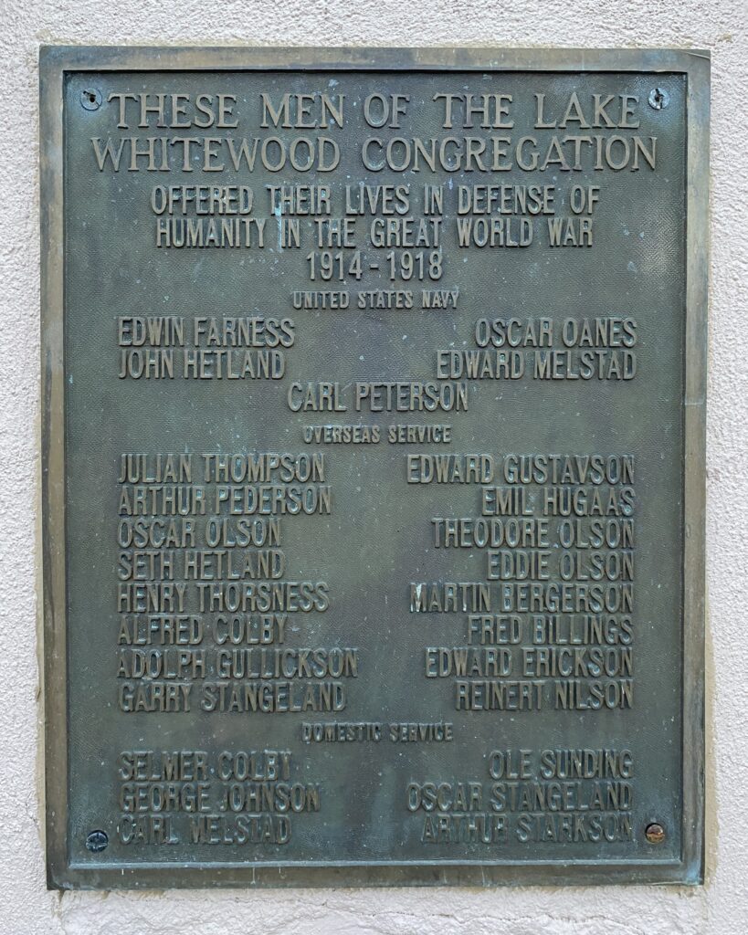 LAKE WHITEWOOD CONGREGATION WAR VETERANS MEMORIAL PLAQUE A