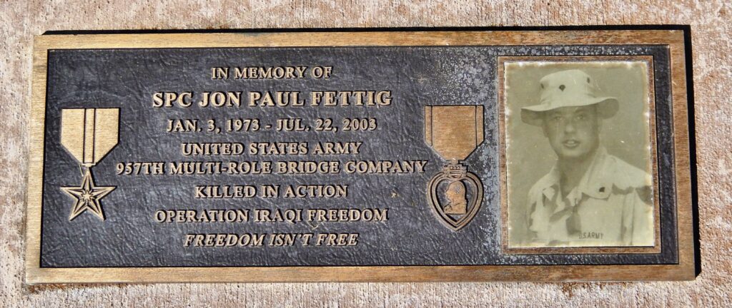 SPC JOHN PAUL FETTIG WAR MEMORIAL BATTLEFIELD CROSS PLAQUE