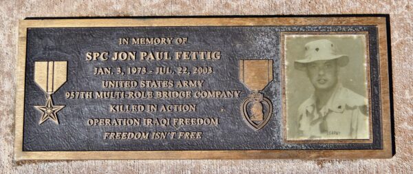 SPC JOHN PAUL FETTIG WAR MEMORIAL BATTLEFIELD CROSS PLAQUE