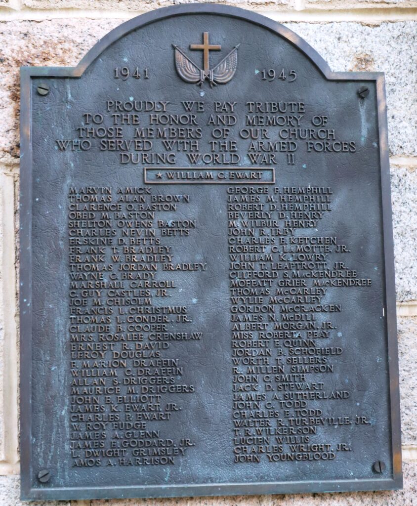 CENTENNIAL ASSOCIATE REFORMED PRESBYTERIAN CHURCH WORLD WAR II MEMORIAL PLAQUE