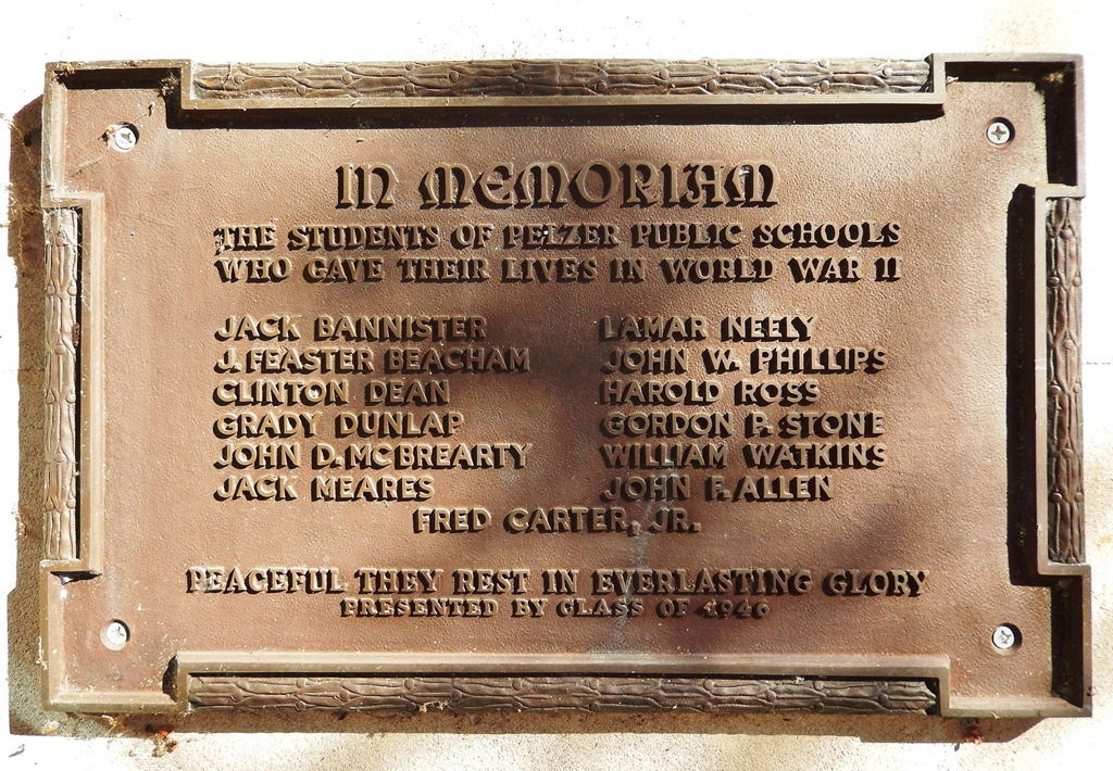 PELZER PUBLIC SCHOOLS WORLD WAR II MEMORIAL PLAQUE
