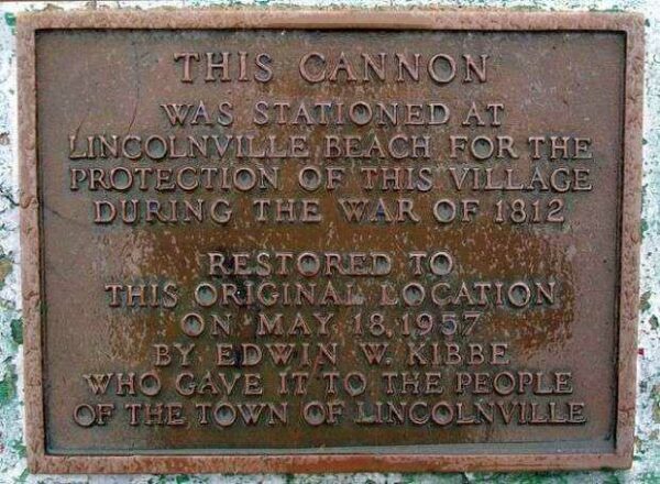 LINCOLNVILLE  WAR OF 1812 CANNON MEMORIAL PLAQUE