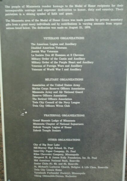 MINNESOTA MEDAL OF HONOR WAR MEMORIAL GROVE PLAQUE