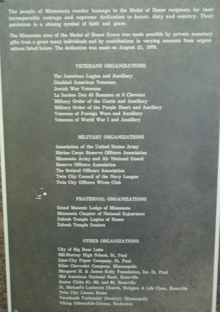 MINNESOTA MEDAL OF HONOR WAR MEMORIAL GROVE PLAQUE