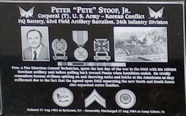 PETER “PETE” STOOP, JR. WAR MEMORIAL PLAQUE