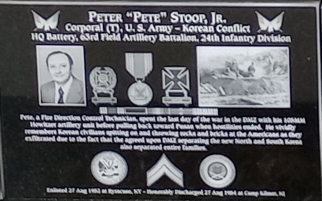 PETER “PETE” STOOP, JR. WAR MEMORIAL PLAQUE