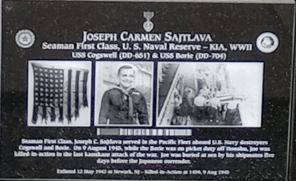 JOSEPH CARMEN SAJTLAN WAR MEMORIAL PLAQUE
