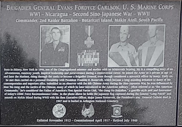 BRIGADIER GENERAL EVANS FORDYCE CARLSON WAR MEMORIAL PLAQUE