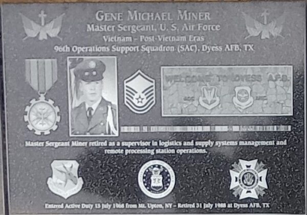 GENE MICHAEL MINER WAR MEMORIAL PLAQUE