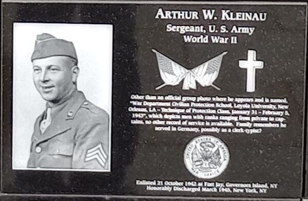 ARTHUR W. KLEINAU WAR MEMORIAL PLAQUE