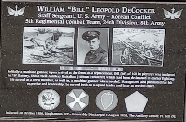 WILLIAM “BILL” LEOPOLD DECOCKER WAR MEMORIAL PLAQUE