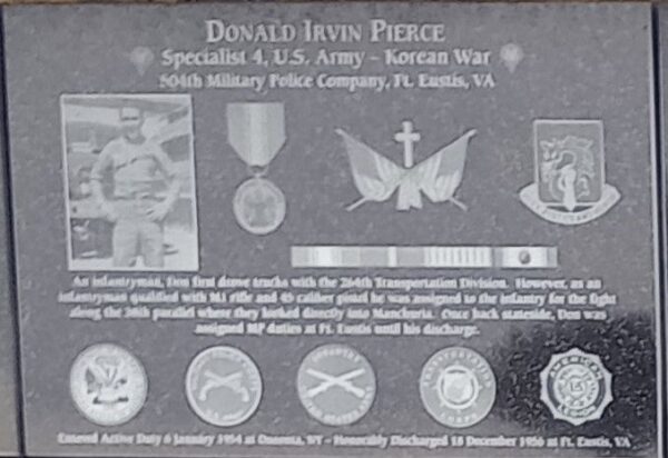 DONALD IRVIN P[IERCE WAR MEMORIAL PLAQUE