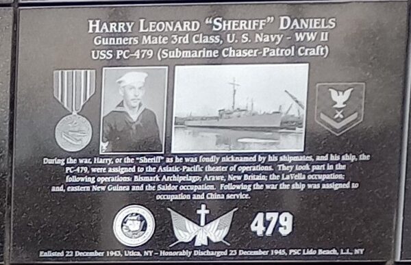 HARRY LEONARD “SHERIFF” DANIELS WAR MEMORIAL PLAQUE