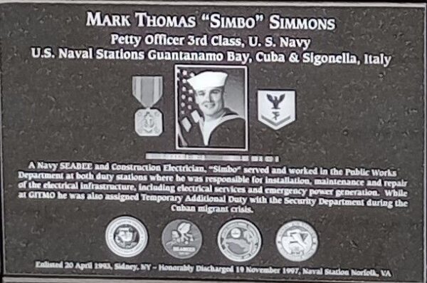 MARK THOMAS “SIMBO” SIMMONS WAR MEMORIAL PLAQUE
