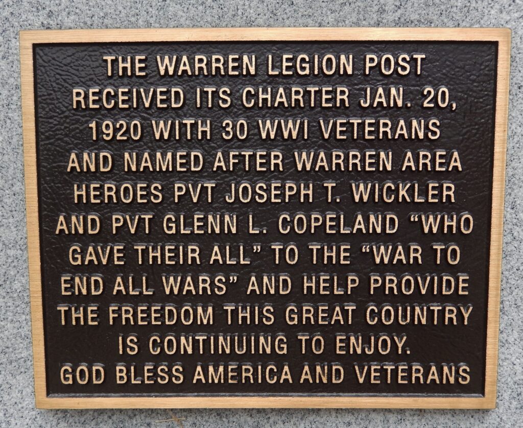 CITIZENS OF WARREN VETERANS MEMORIAL BELL PLAQUE A