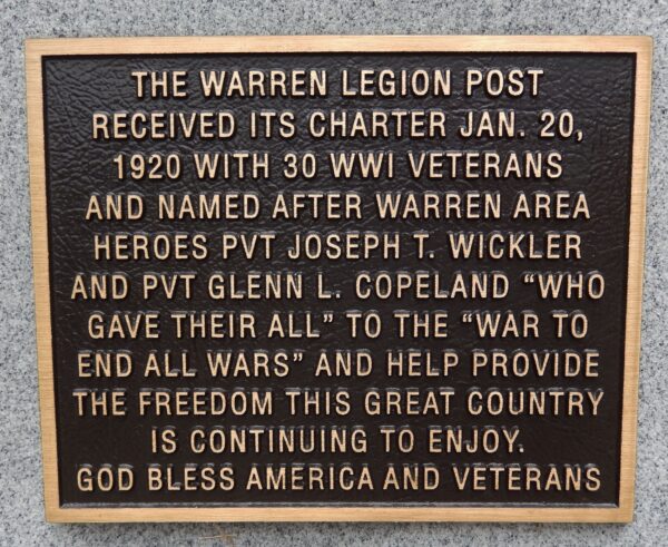 CITIZENS OF WARREN VETERANS MEMORIAL BELL PLAQUE A