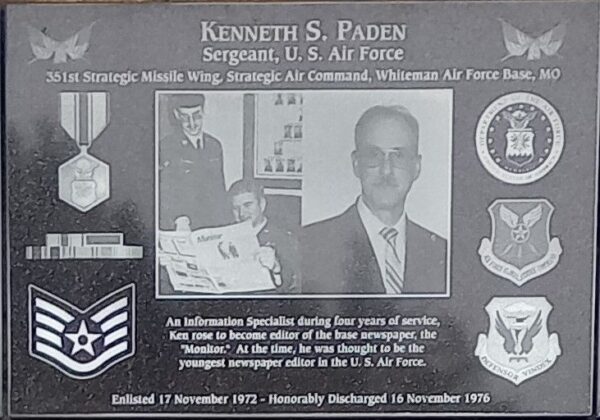 KENNETH S. PADEN WAR MEMORIAL PLAQUE